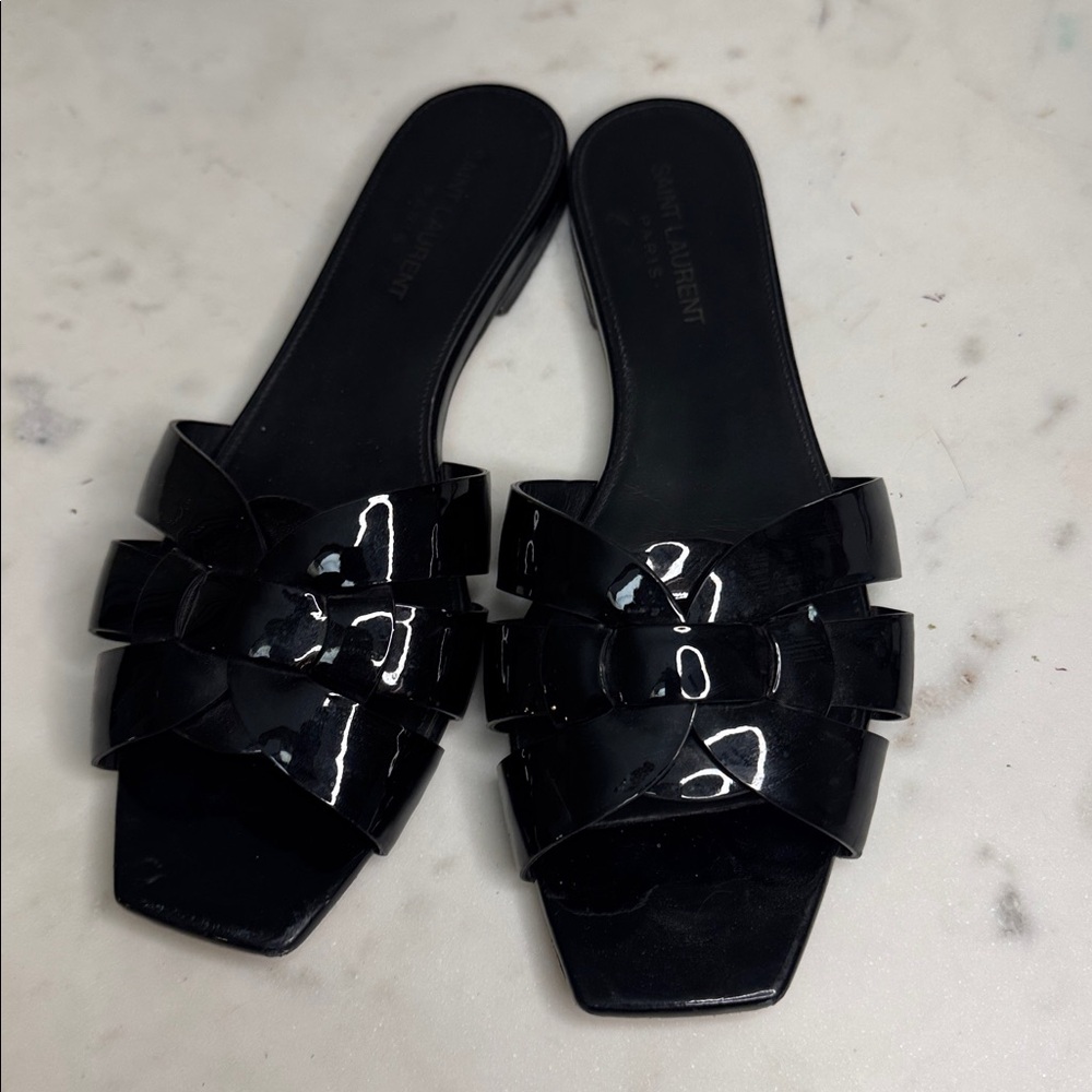 Saint Laurent Nu Pieds Woven Patent Tribute Flat Sandals - Picture 3 of 9